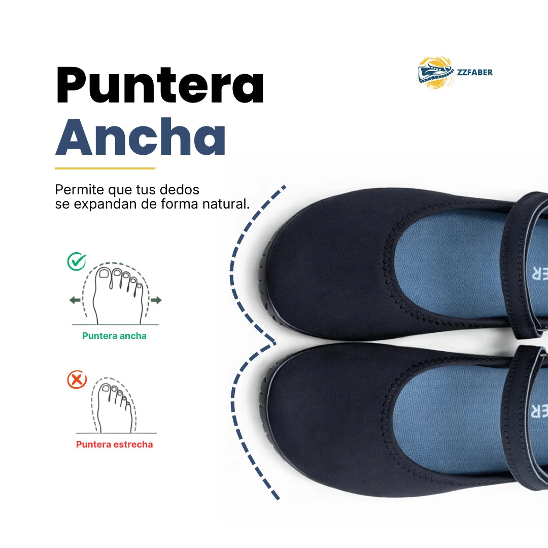 Par de calzado barefoot mujer negro con horma ancha que respeta la anatomía del pie.