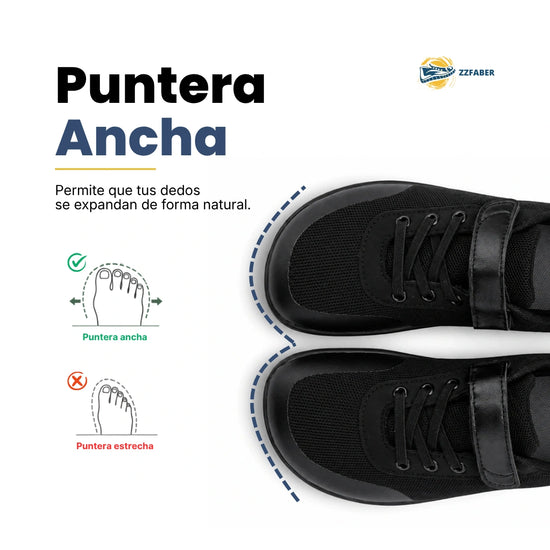 Bebe zapatillas negras con horma anatómica que permite el libre movimiento de dedos.