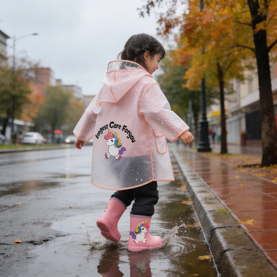 Capa de lluvia para niñas color rosa con unicornio, complemento impermeable infantil para calzado respetuoso que permite jugar libremente en Santiago.