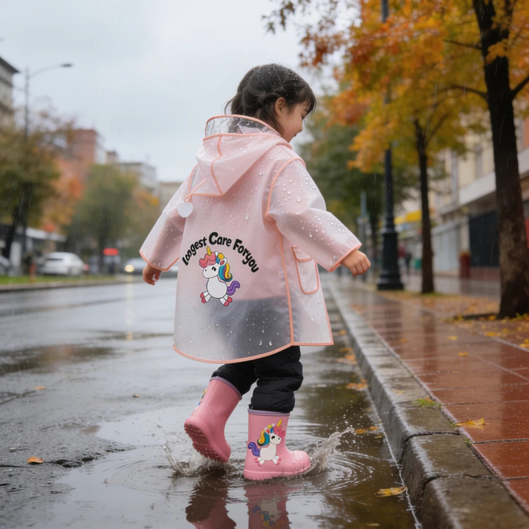 Capa de lluvia para niñas color rosa con unicornio, complemento impermeable infantil para calzado respetuoso que permite jugar libremente en Santiago.