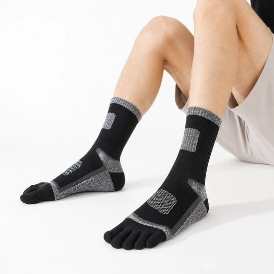 Calcetines 5 dedos hombre bicolor negro y gris Sowilo, medias largas deportivas con soporte elástico que alivia la presión del empeine alto en Chile.