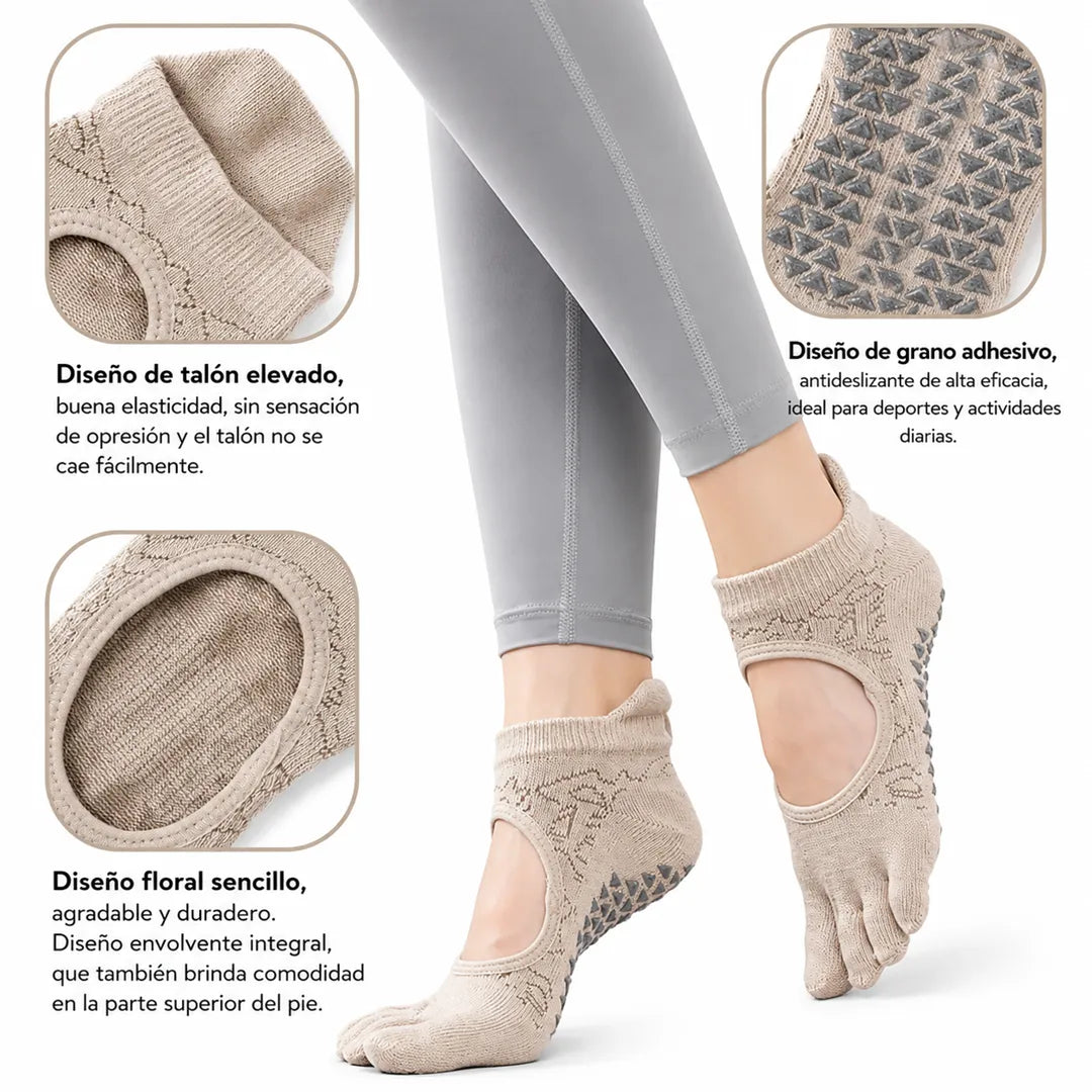 Infografía técnica de calcetines con dedos en Chile marca Sowilo, destacando el diseño de talón elevado, grano adhesivo antideslizante y alivio de juanetes.