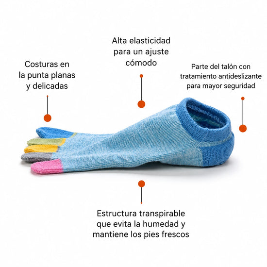 Calcetines con dedos invisibles marca Sowilo, estructura transpirable anti-humedad y costuras planas delicadas para calzado barefoot en Chile.