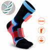 Infografía de calcetines con dedos running marca Sowilo con tecnología transpirable Coolmax, fibras elásticas protectoras contra juanetes.