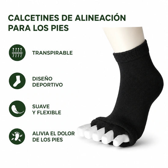Infografía de calcetines de alineación para los pies Sowilo negros, destacando sus propiedades transpirables, diseño deportivo suave y flexible.