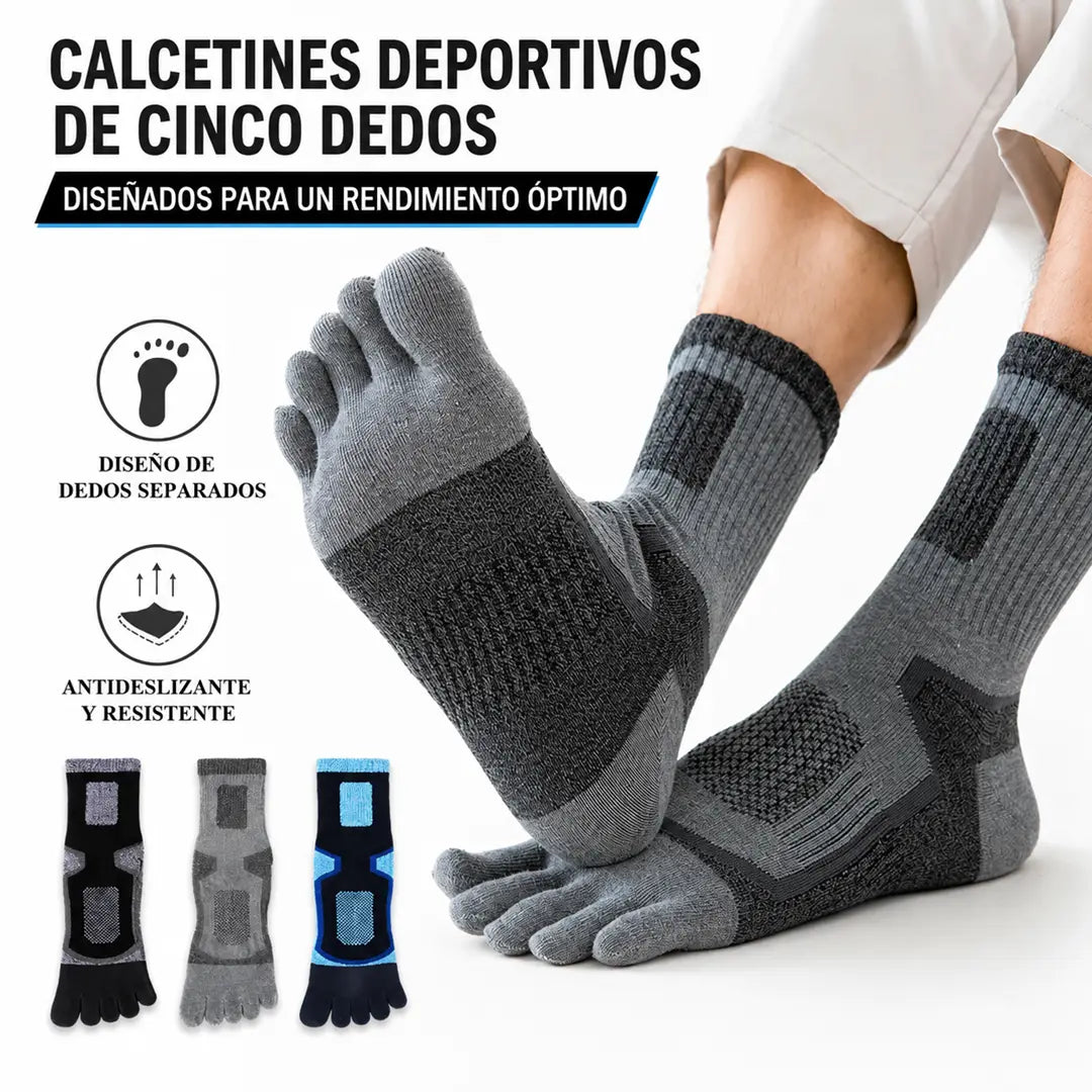 Modelo vistiendo calcetines de dedos hombre y mujer color gris bicolor Sowilo, accesorio de alineación anatómica para zapatilla barefoot.