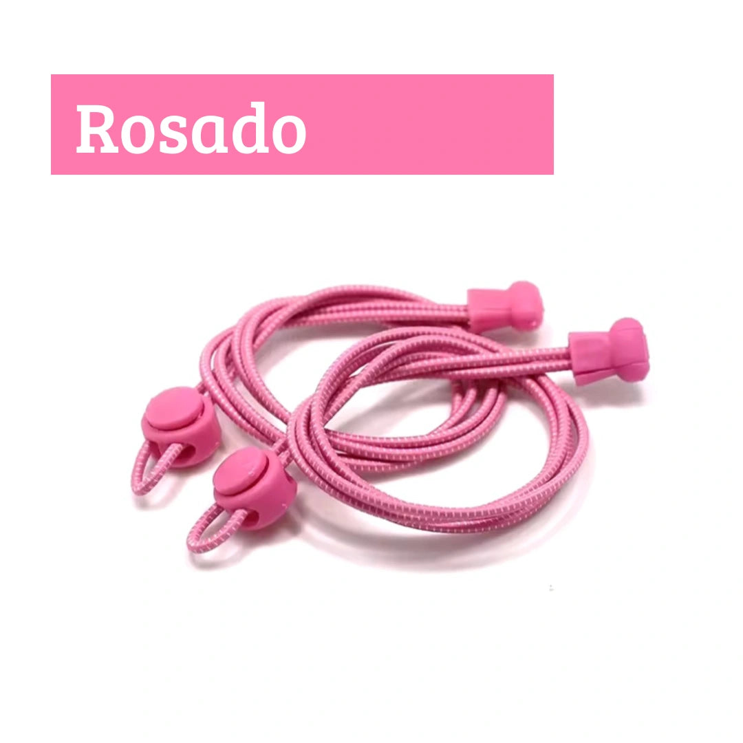Cordones elásticos para zapatillas respetuosas color rosado marca Sowilo, cordón flexible con broche de seguridad para calzado infantil y adulto que alivia molestias de juanetes en Chile.