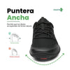 Vista frontal zapatilla trekking negra con puntera ancha protegida.