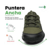 Vista frontal zapatilla trekking verde con protección en puntera.