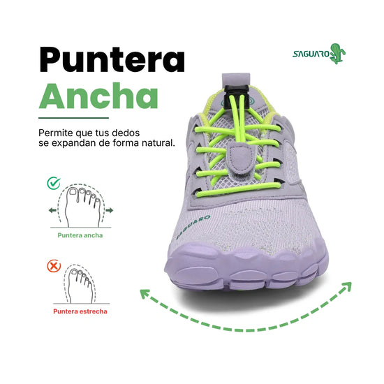 Frente de zapatilla barefoot niño Saguaro púrpura con protección en puntera.