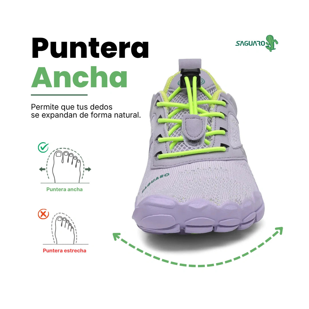 Frente de zapatilla barefoot niño Saguaro púrpura con protección en puntera.