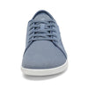 Zapatilla barefoot urbana frontal azul, suela delgada zero drop.