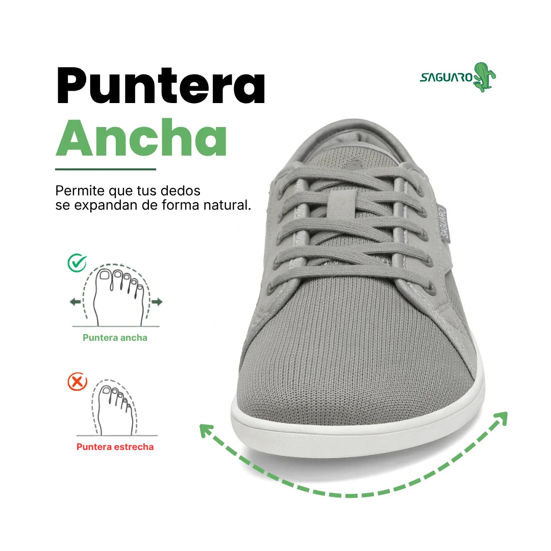 Zapatilla barefoot urbana frontal gris, suela delgada zero drop.