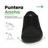 Zapatilla barefoot urbana frontal negra, suela delgada zero drop.
