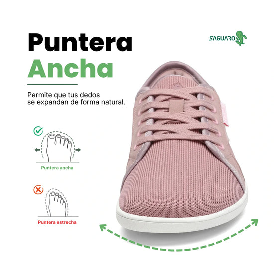 Zapatilla barefoot urbana frontal rosa, suela delgada zero drop.