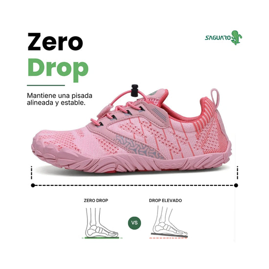 Vista lateral zapatilla Saguaro rosa con sistema de cierre rápido y zero drop.
