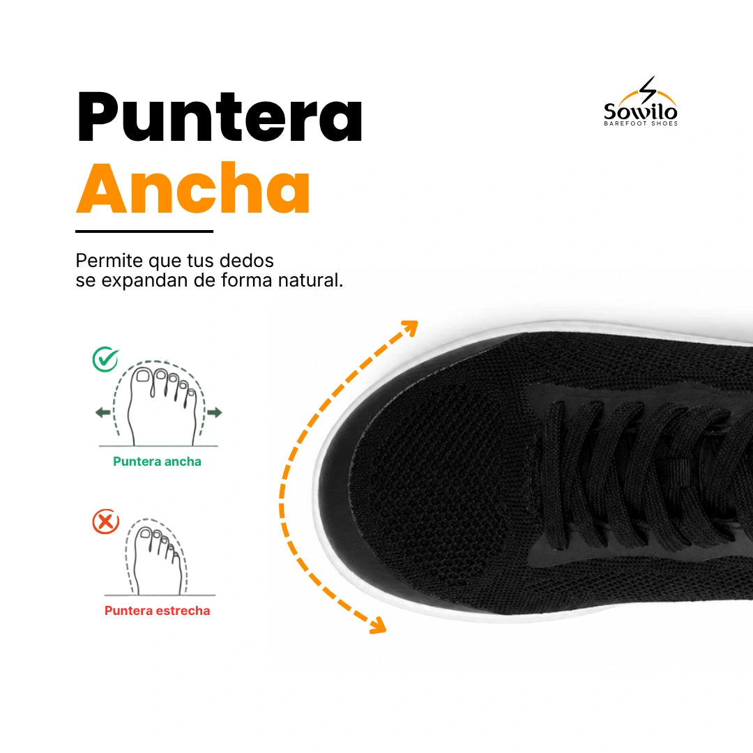 Vista superior zapatilla negra gym, espacio para dedos.