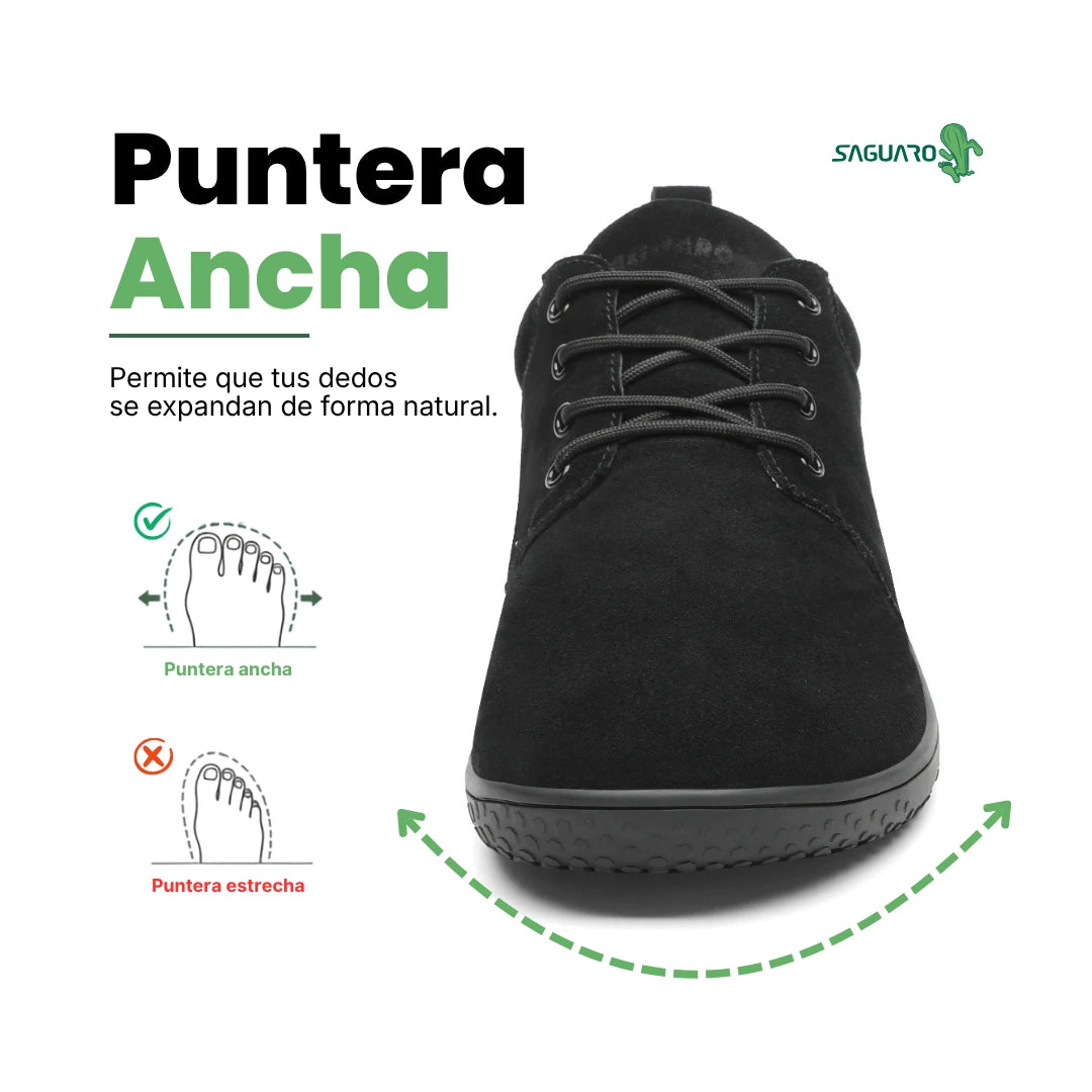 Dream I negro vista frontal mostrando puntera ancha ergonómica barefoot.