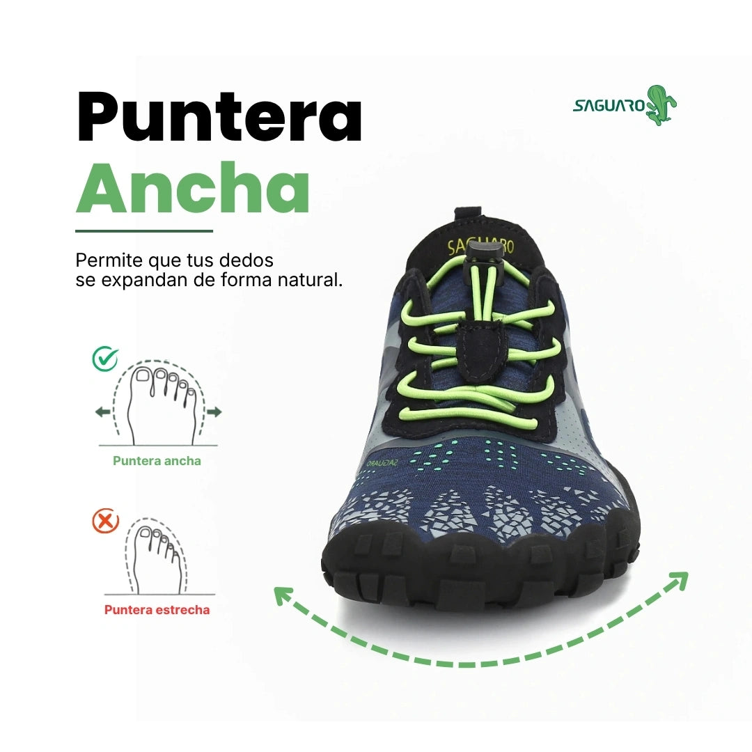 Zapatilla Saguaro Fast I azul vista frontal mostrando puntera ancha barefoot.