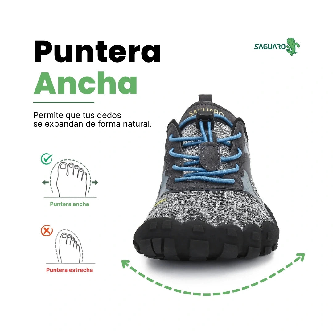 Zapatilla Saguaro Fast I gris vista frontal mostrando puntera ancha barefoot.
