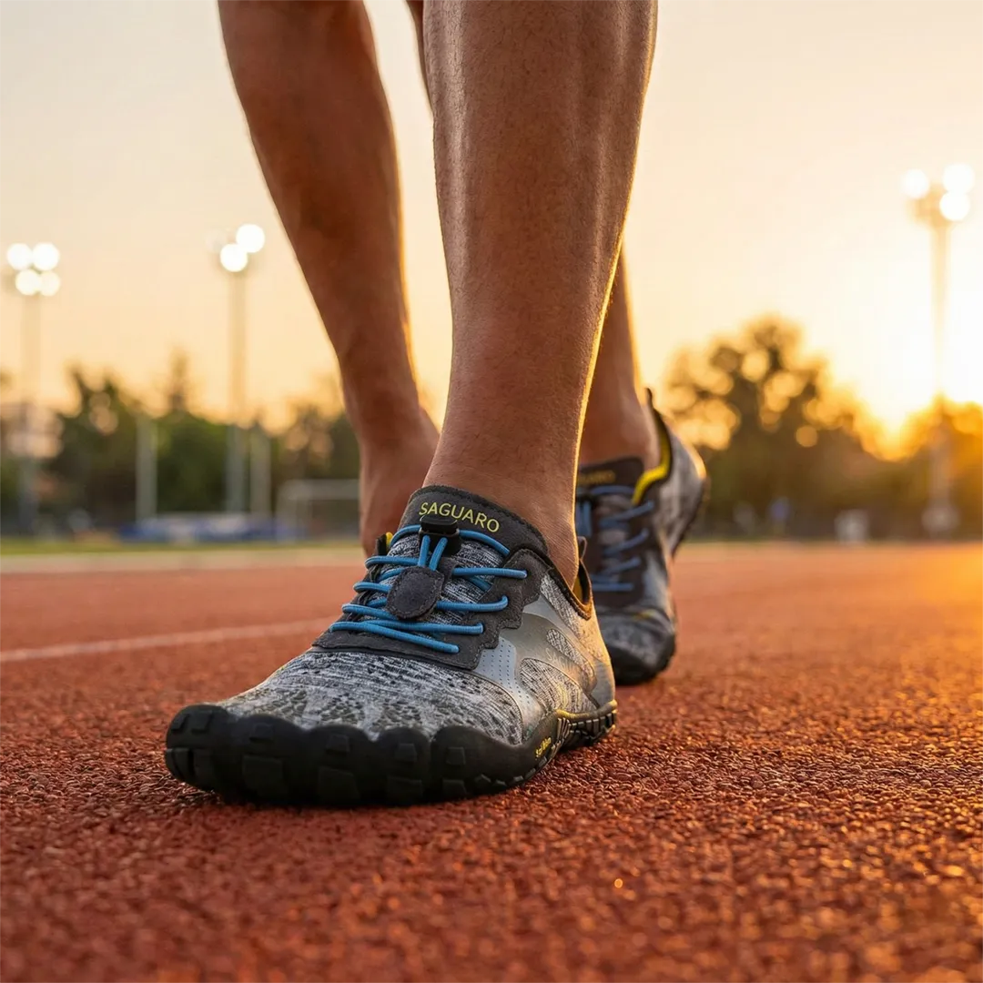 Zapatillas Saguaro Fast I gris en uso real durante actividad deportiva.
