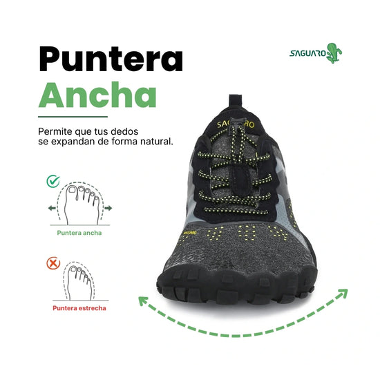 Zapatilla Saguaro Fast I negro vista frontal resaltando puntera ancha minimalista barefoot.