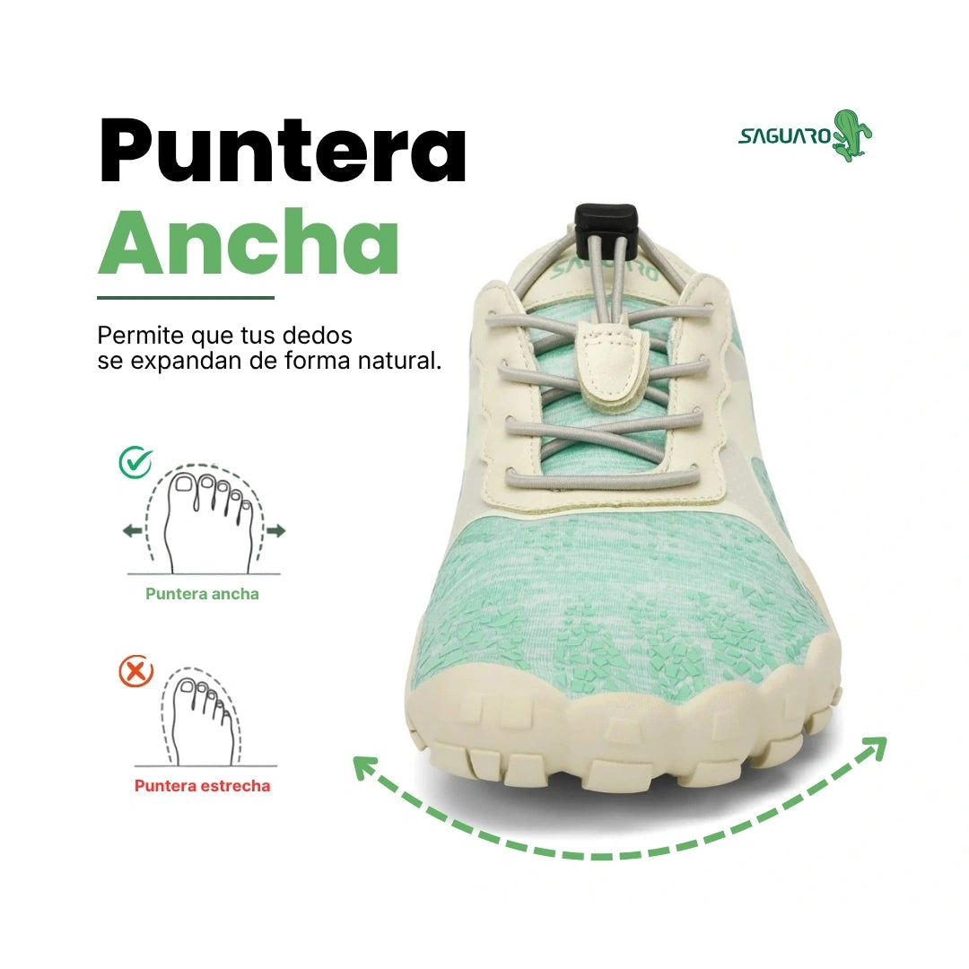Zapatilla Saguaro Fast I turquesa vista frontal con puntera ancha ergonómica.