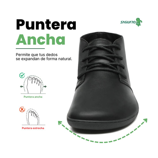 Vista frontal resaltando la puntera ancha anatómica del zapato formal Saguaro Noble I.
