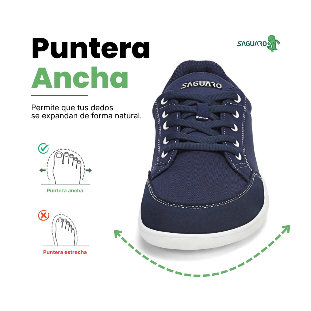 Zapatilla Saguaro Stellar II azul vista frontal resaltando puntera ancha ergonómica.