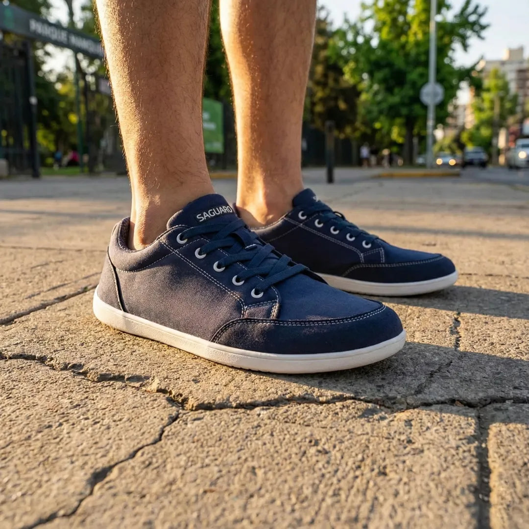 Persona usando Saguaro Stellar II azul de pie mostrando estilo casual barefoot.