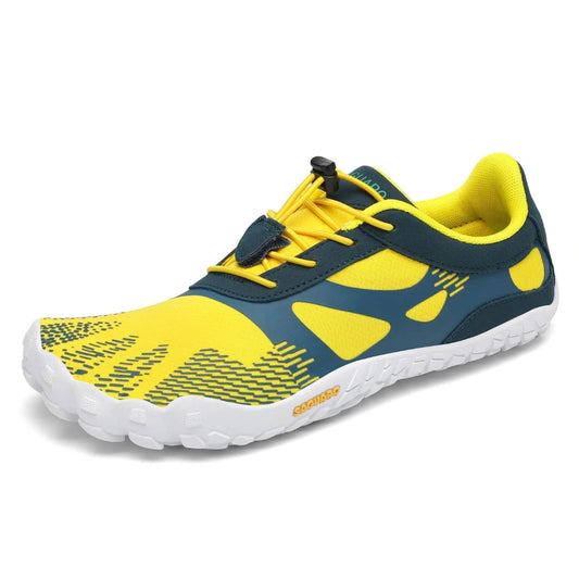 Zapatilla barefoot Saguaro Vitality III amarilla vista lateral.