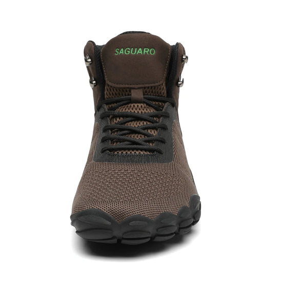 Saguaro Vitality V café — bota barefoot trekking detalle cordones y cierre lateral