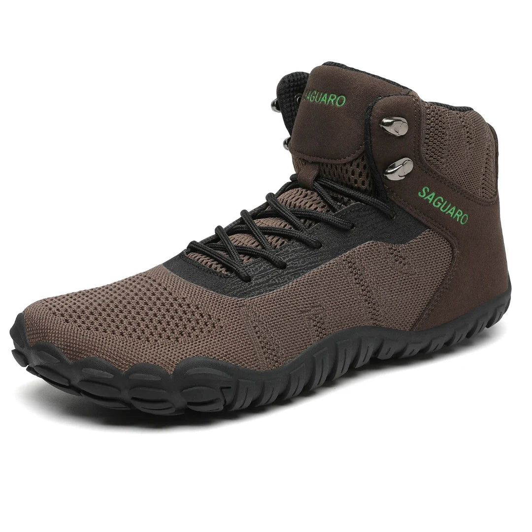 Saguaro Vitality V café — bota barefoot trekking vista lateral par completo