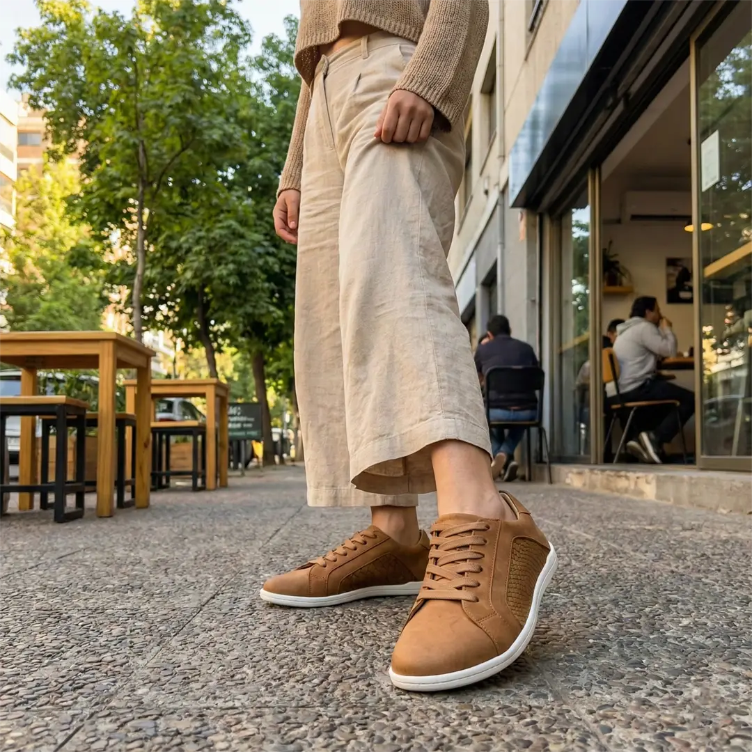 MOKA cuero cafe trama mujer en uso — zapato barefoot artesanal lifestyle color cafe Chile