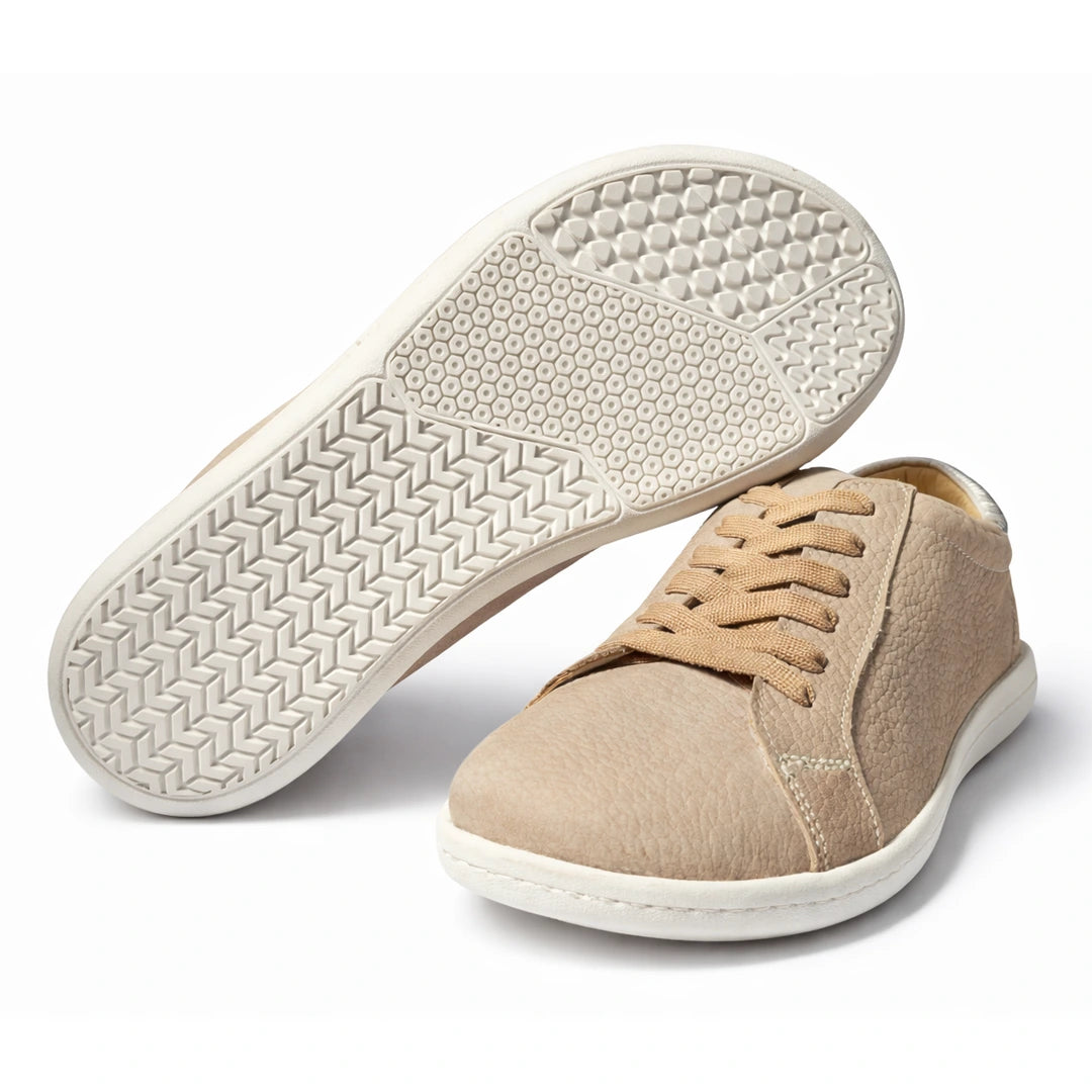 MOKA cuero beige mujer vista par suela — zapato barefoot artesanal par completo beige Chile