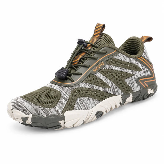 Zapatilla minimalista Saguaro Active verde, con suela flexible y puntera ancha. 