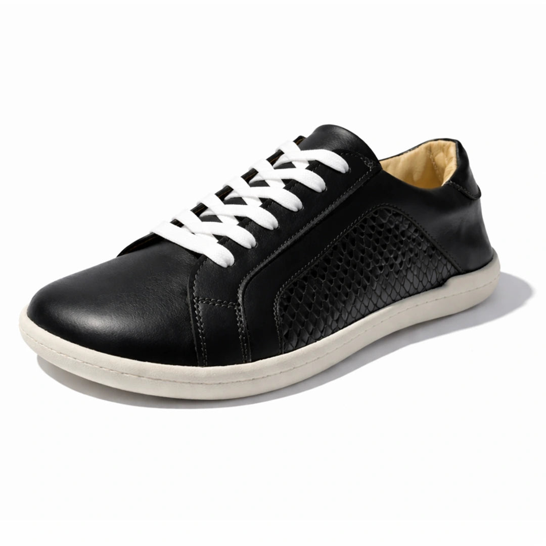 MOKA cuero negro trama vista principal — zapato barefoot artesanal texturizado mujer Chile