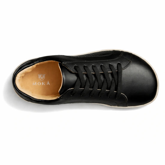 MOKA cuero negro trama vista superior — zapato barefoot artesanal puntera ancha mujer Chile