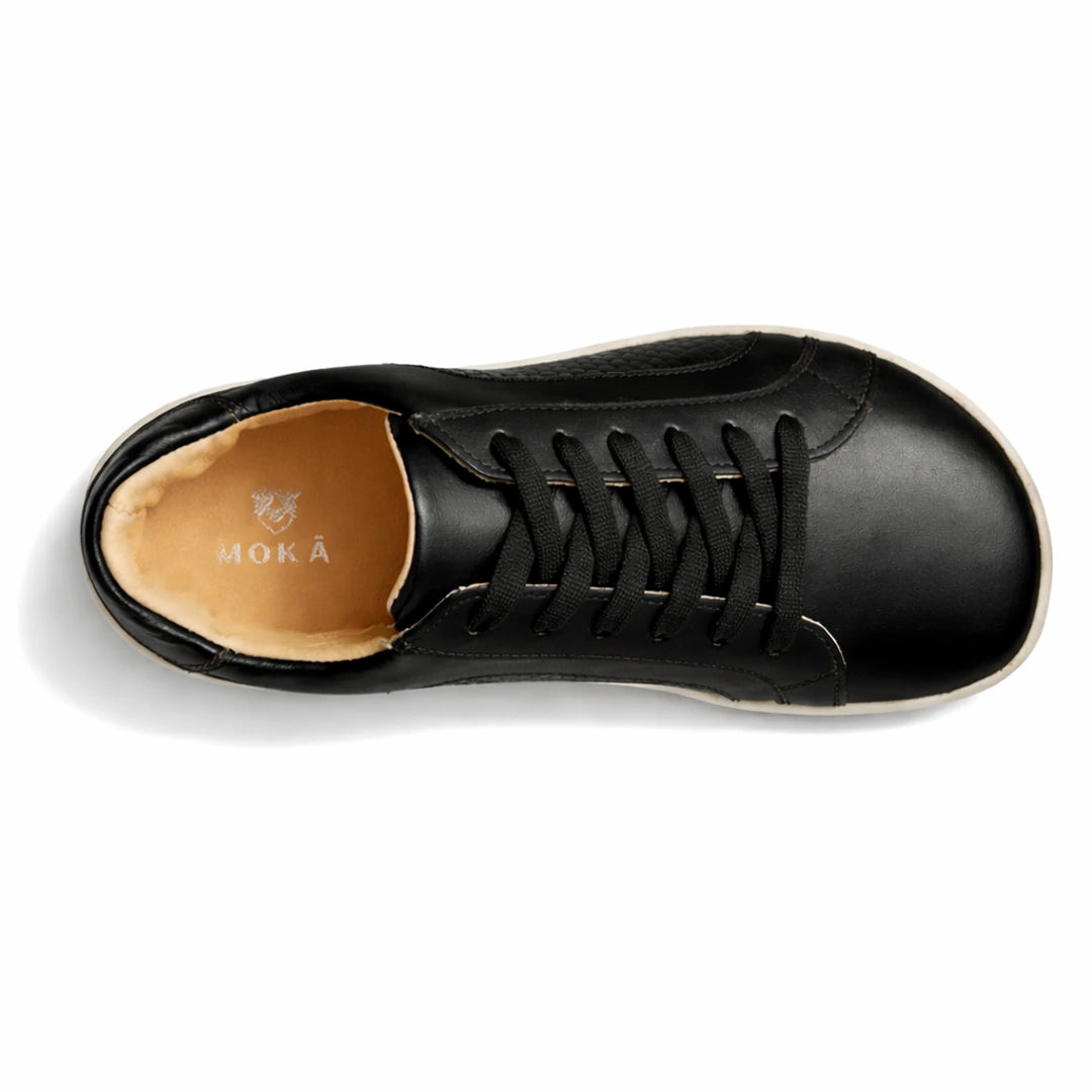 MOKA cuero negro trama vista superior — zapato barefoot artesanal puntera ancha mujer Chile