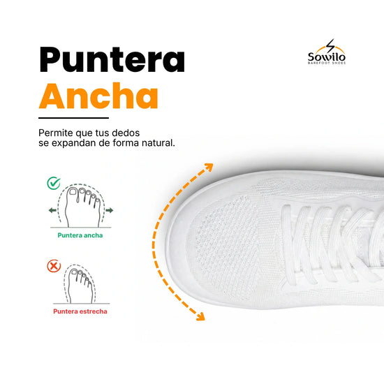 Empeine tejido transpirable zapatilla blanca puntera ancha.