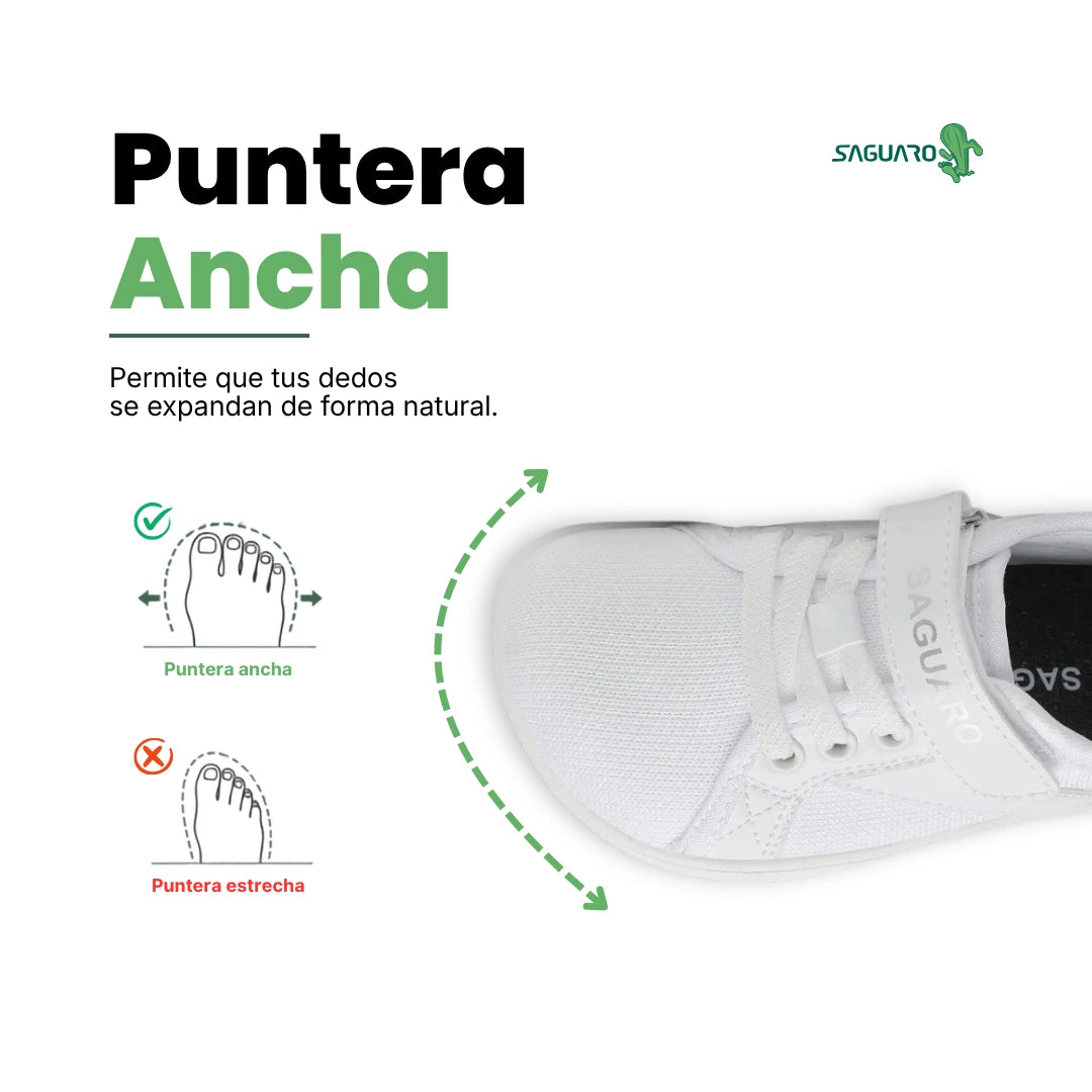 Zapatos ergonómicos  niños blanco, puntera ancha y velcro.