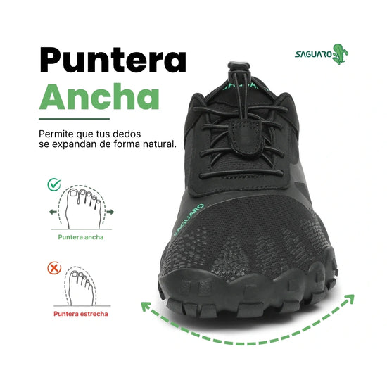 Zapatillas Saguaro Vitality III negras vista frontal mostrando puntera ancha barefoot.
