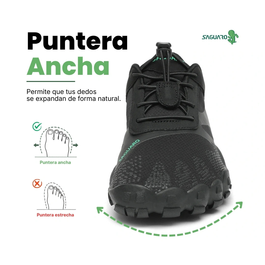 Zapatillas Saguaro Vitality III negras vista frontal mostrando puntera ancha barefoot.