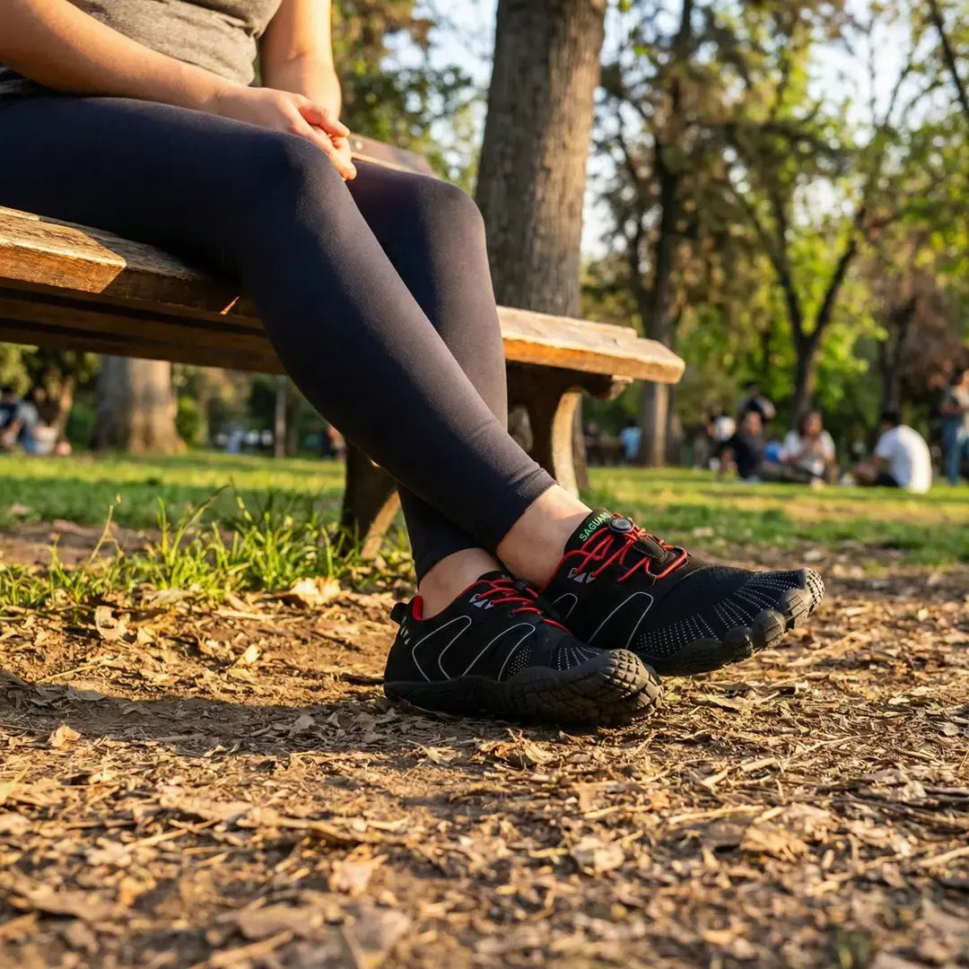 Persona usando Zapatilla Barefoot Saguaro Vitality IV roja al aire libre. 