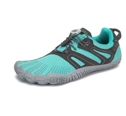 Zapatillas Saguaro Vitality IV turquesa vista lateral mostrando diseño minimalista barefoot.