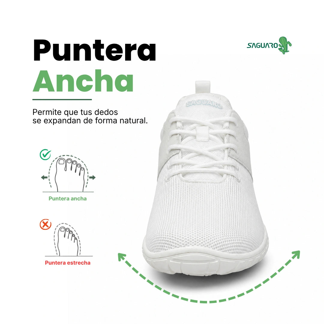 Zapatilla Saguaro Wish I blanca vista frontal destacando puntera ancha barefoot.