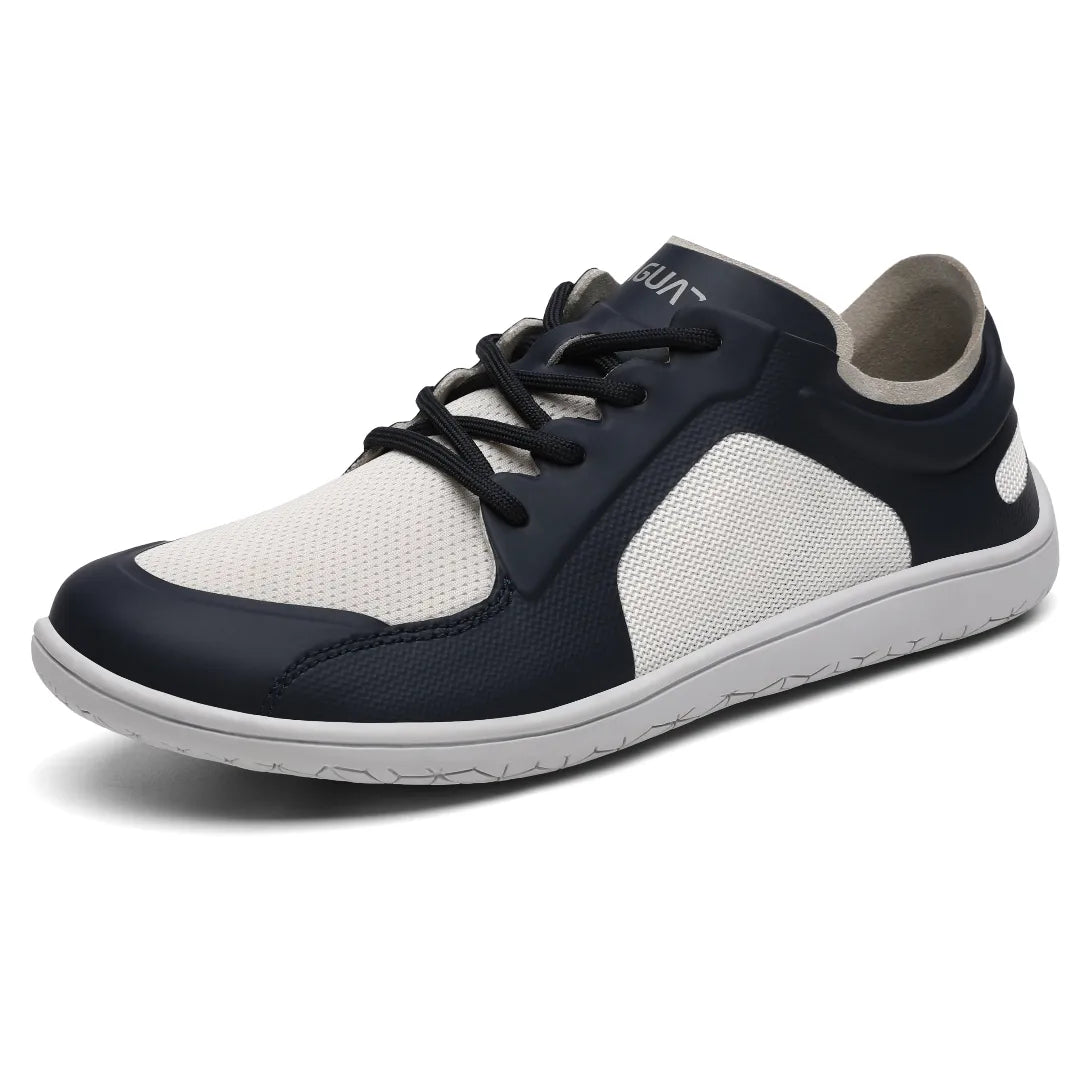 Zapatilla minimalista Wish II azul y blanco, puntera ancha y zero drop.