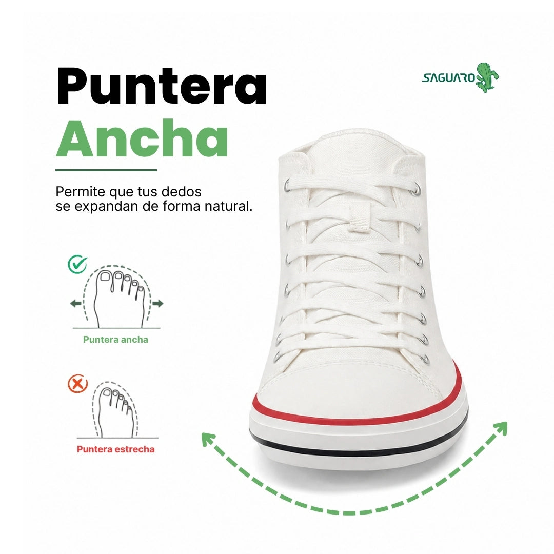 Zapatillas anchas de lona blanca con horma anatómica que permite expandir los dedos.