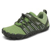 Zapatillas barefoot para niño color verde olivo, calzado respetuoso para aventuras al aire libre.
