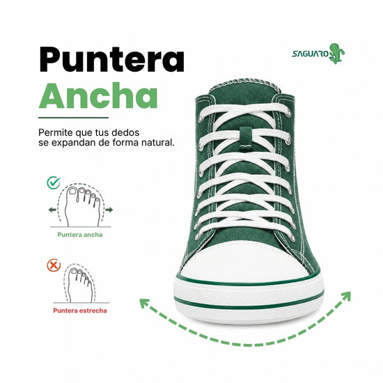 Zapatillas minimalistas verdes Saguaro Roam I con suela elástica y flexible de caucho, diseño de horma ancha para liberar el empeine en Chile.